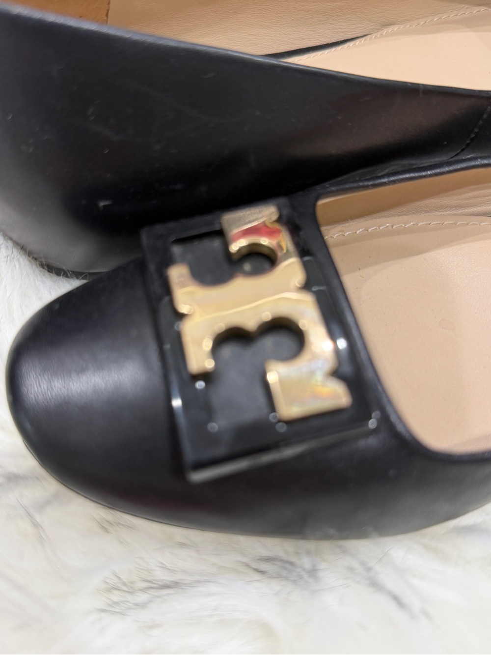 Tory Burch Black Leather Ballet Pump with Gold Logo Accent